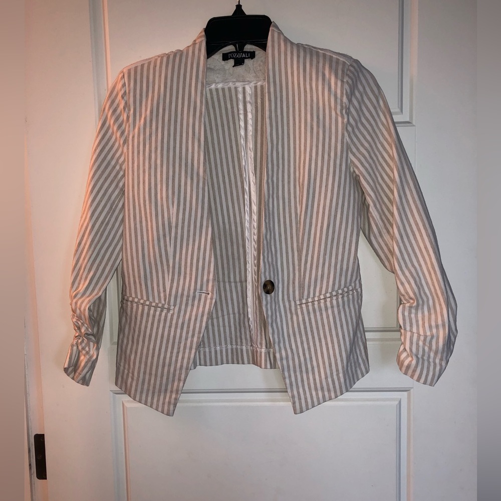 White and tan striped blazer with lace back